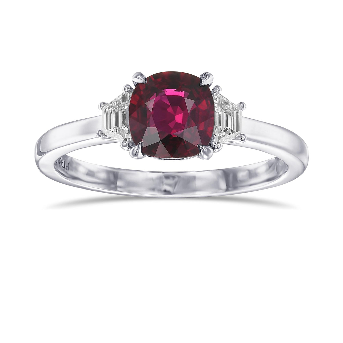 Cushion Ruby & Trapezoid Diamond 3 Stone Ring