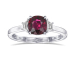 Cushion Ruby & Trapezoid Diamond 3 Stone Ring