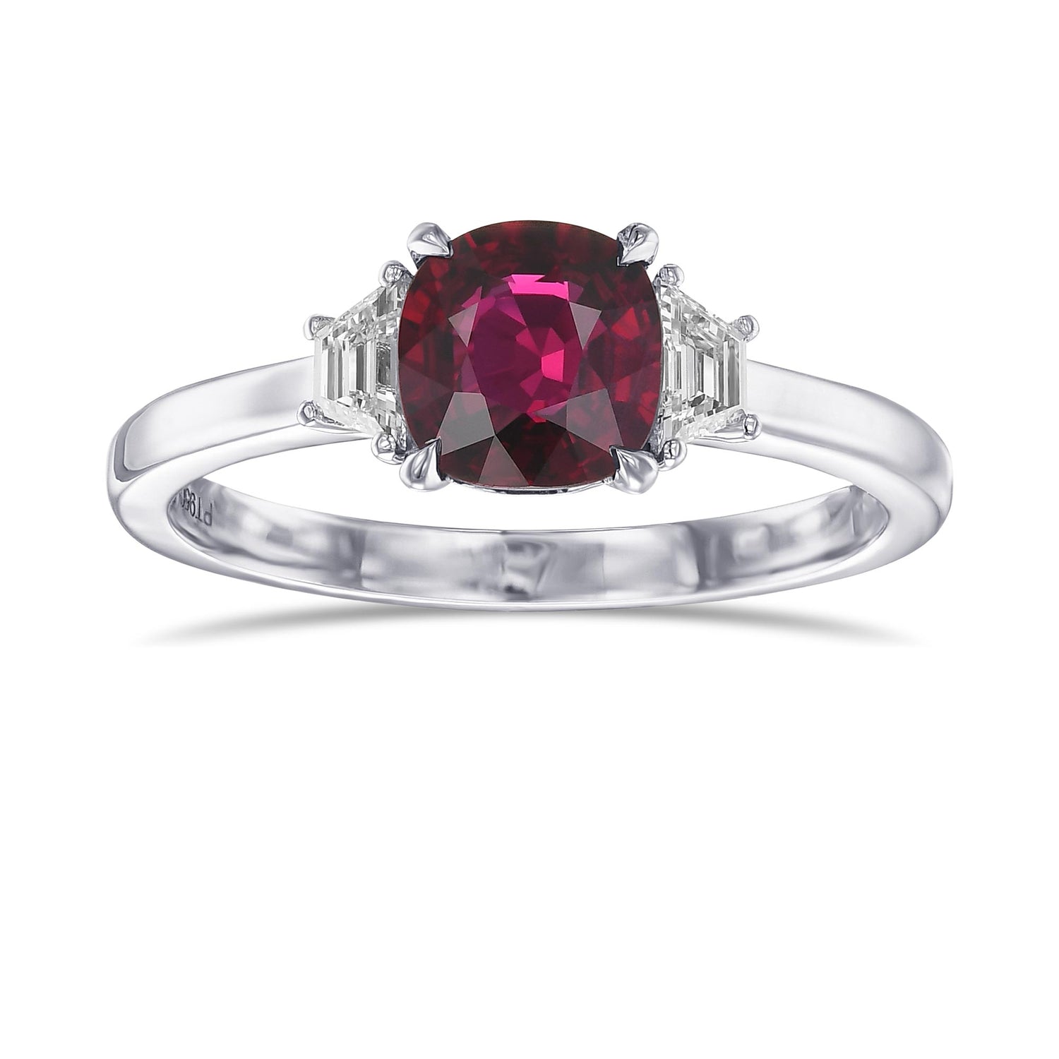 Cushion Ruby & Trapezoid Diamond 3 Stone Ring
