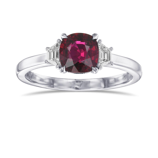 Cushion Ruby & Trapezoid Diamond 3 Stone Ring