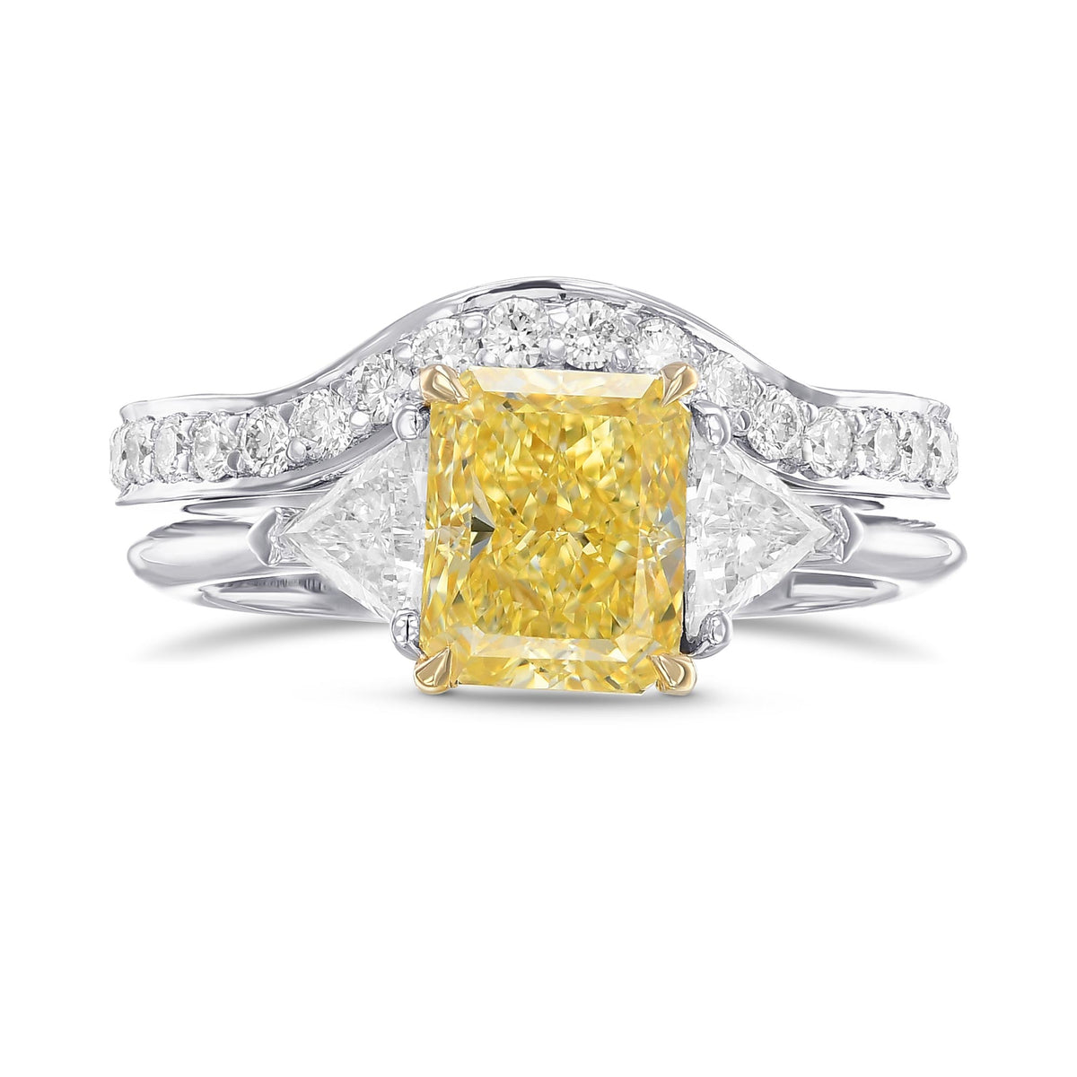 Fancy Yellow Radiant and Triangle Diamond Engagement and Wedding Ring Set