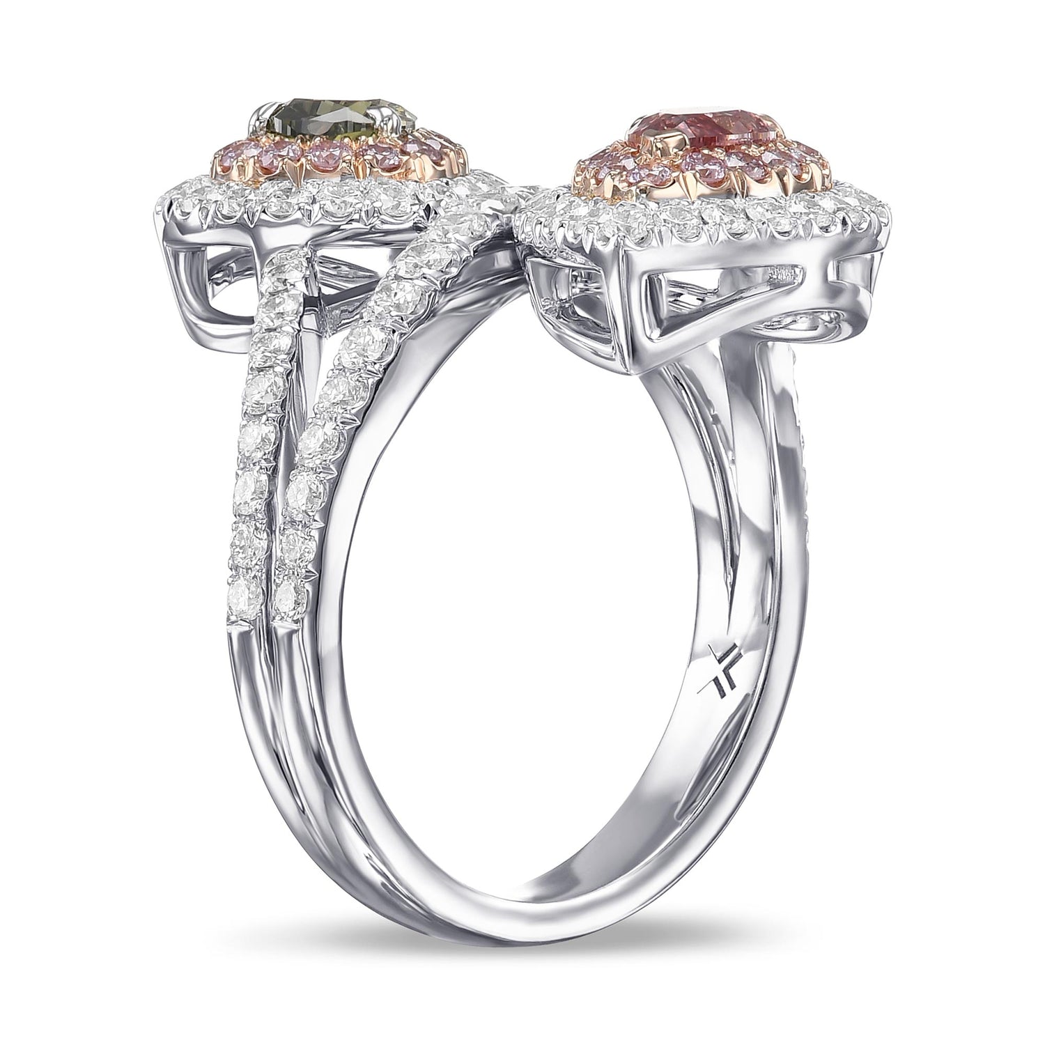 Fancy Deep Pink and Chameleon Pear 2-Stone Halo Diamond Ring