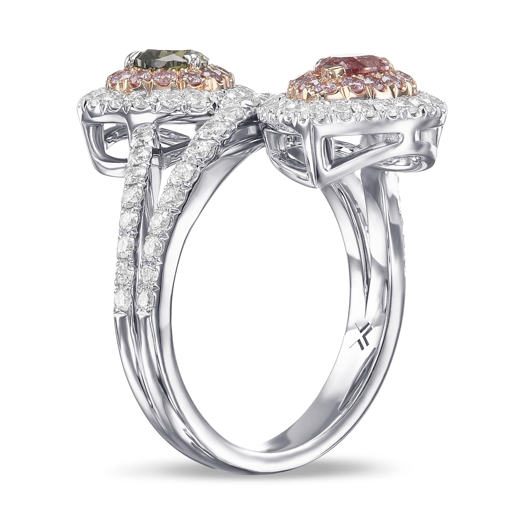 Fancy Deep Pink and Chameleon Pear 2-Stone Halo Diamond Ring