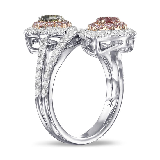 Fancy Deep Pink and Chameleon Pear 2-Stone Halo Diamond Ring