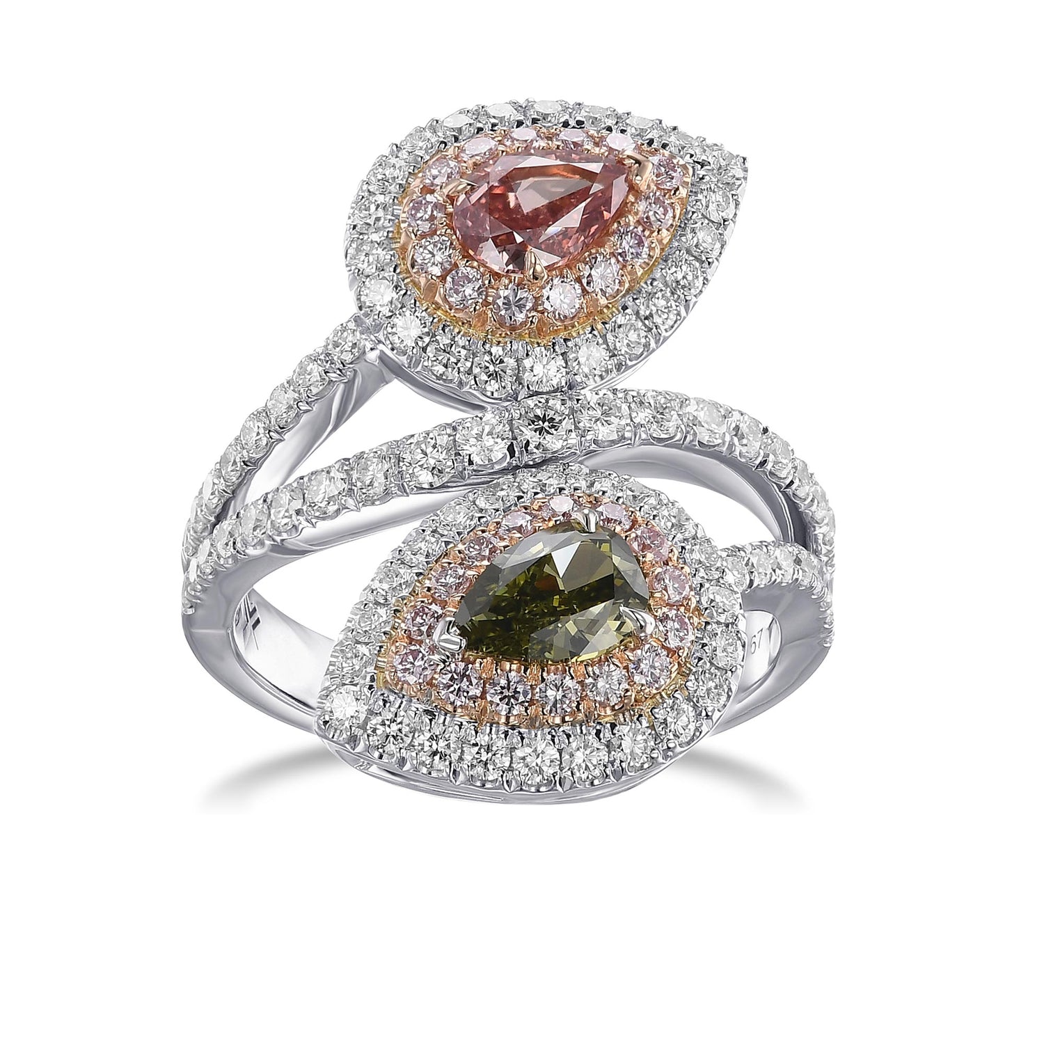 Fancy Deep Pink and Chameleon Pear 2-Stone Halo Diamond Ring