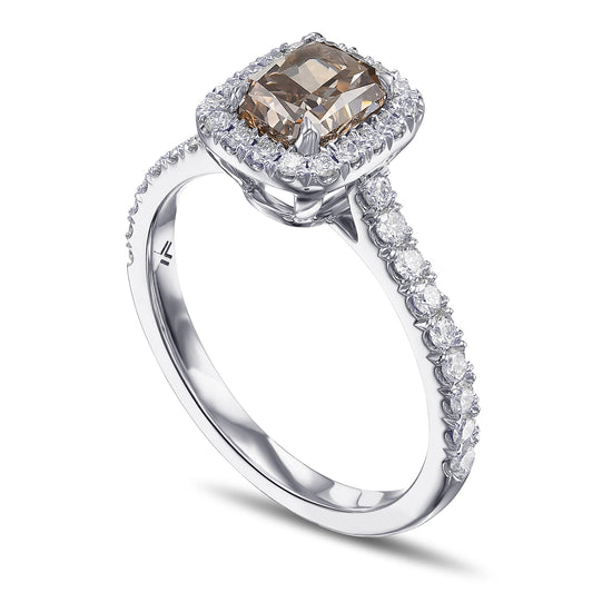 Fancy Dark Orangy Brown Radiant Halo Diamond Ring