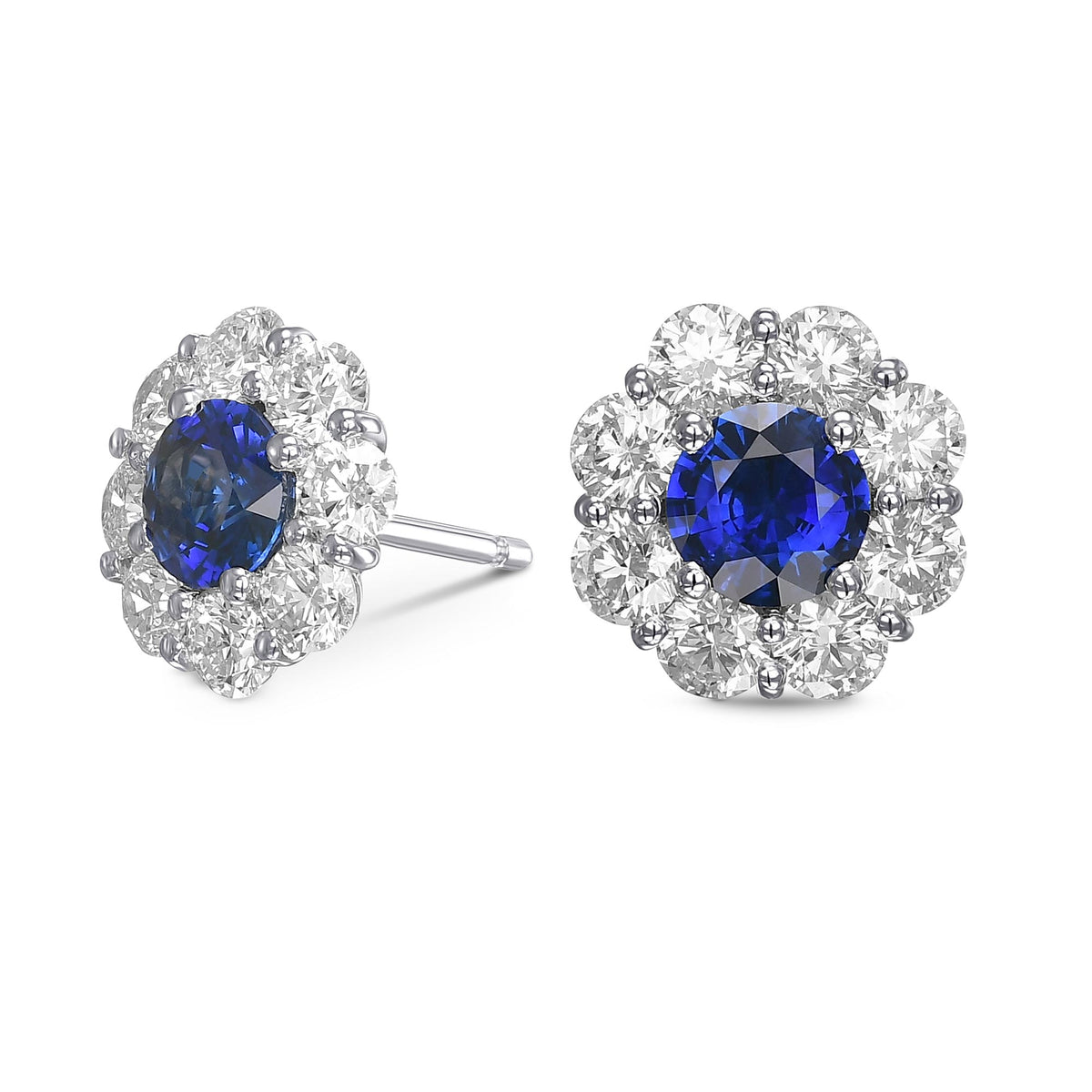 Blue Sapphire and Diamond Round Brilliant Halo Earrings