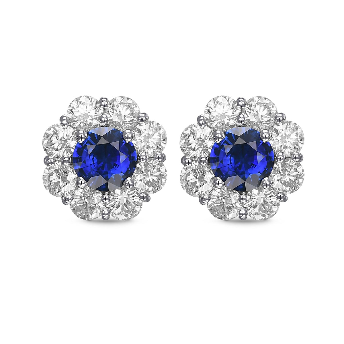 Blue Sapphire and Diamond Round Brilliant Halo Earrings