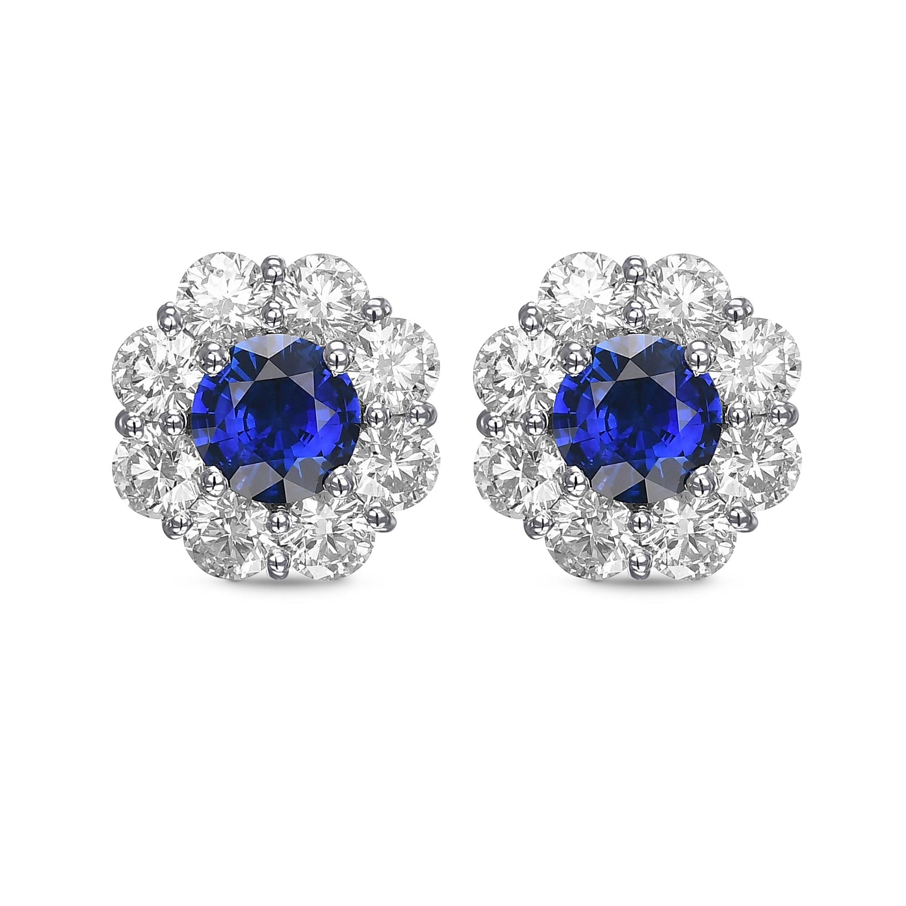 Blue Sapphire and Diamond Round Brilliant Halo Earrings
