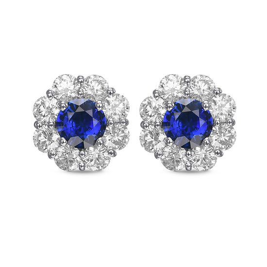 Blue Sapphire and Diamond Round Brilliant Halo Earrings