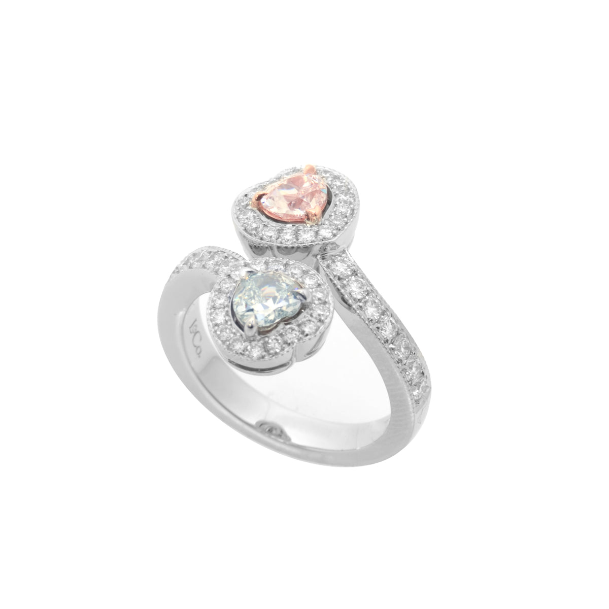 GIA certified Light Pink And Light Green Heart Diamond Halo Ring