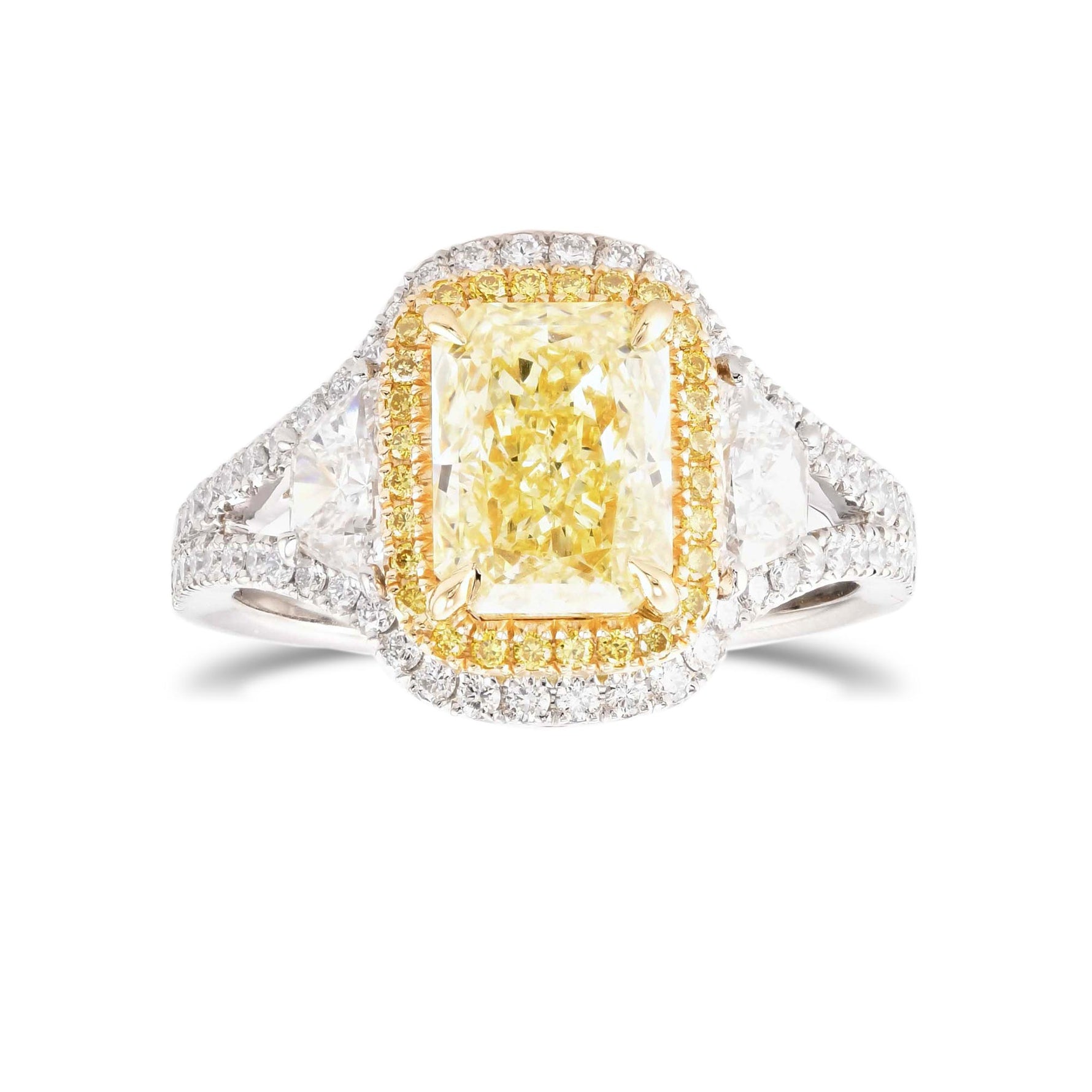 Fancy Yellow Radiant & Trapezoid Halo Diamond Ring