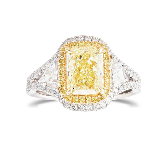 Fancy Yellow Radiant & Trapezoid Halo Diamond Ring