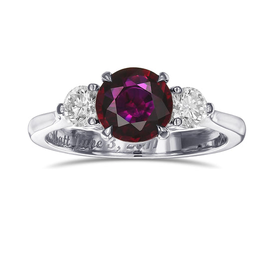 Round Pigeon Blood Ruby and Diamond 3 Stone Ring