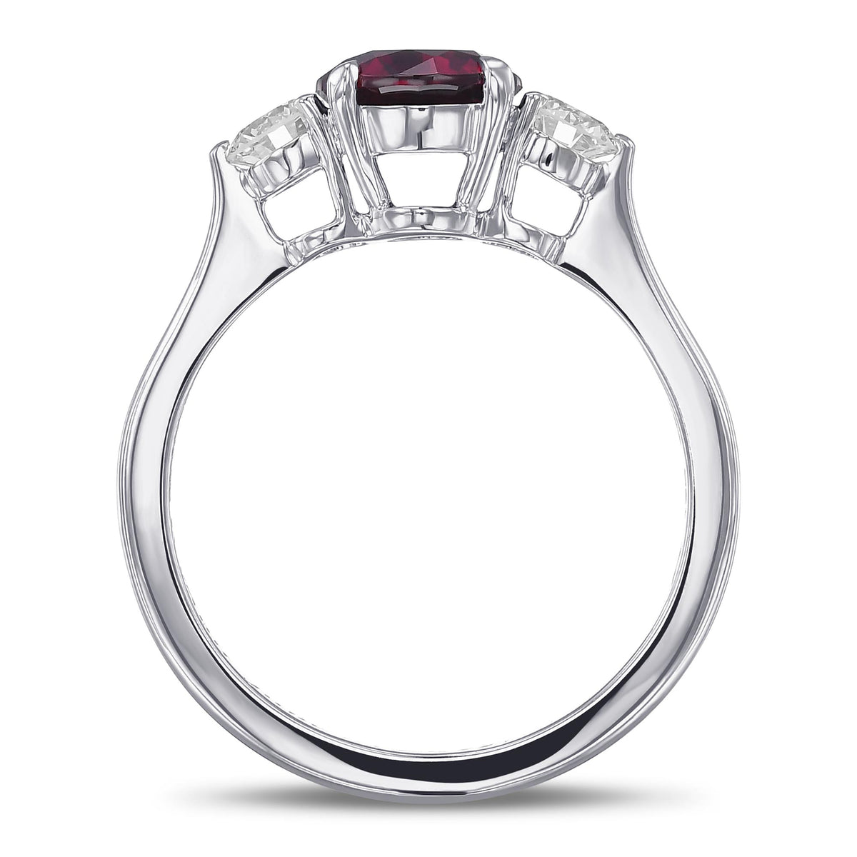 Round Pigeon Blood Ruby and Diamond 3 Stone Ring