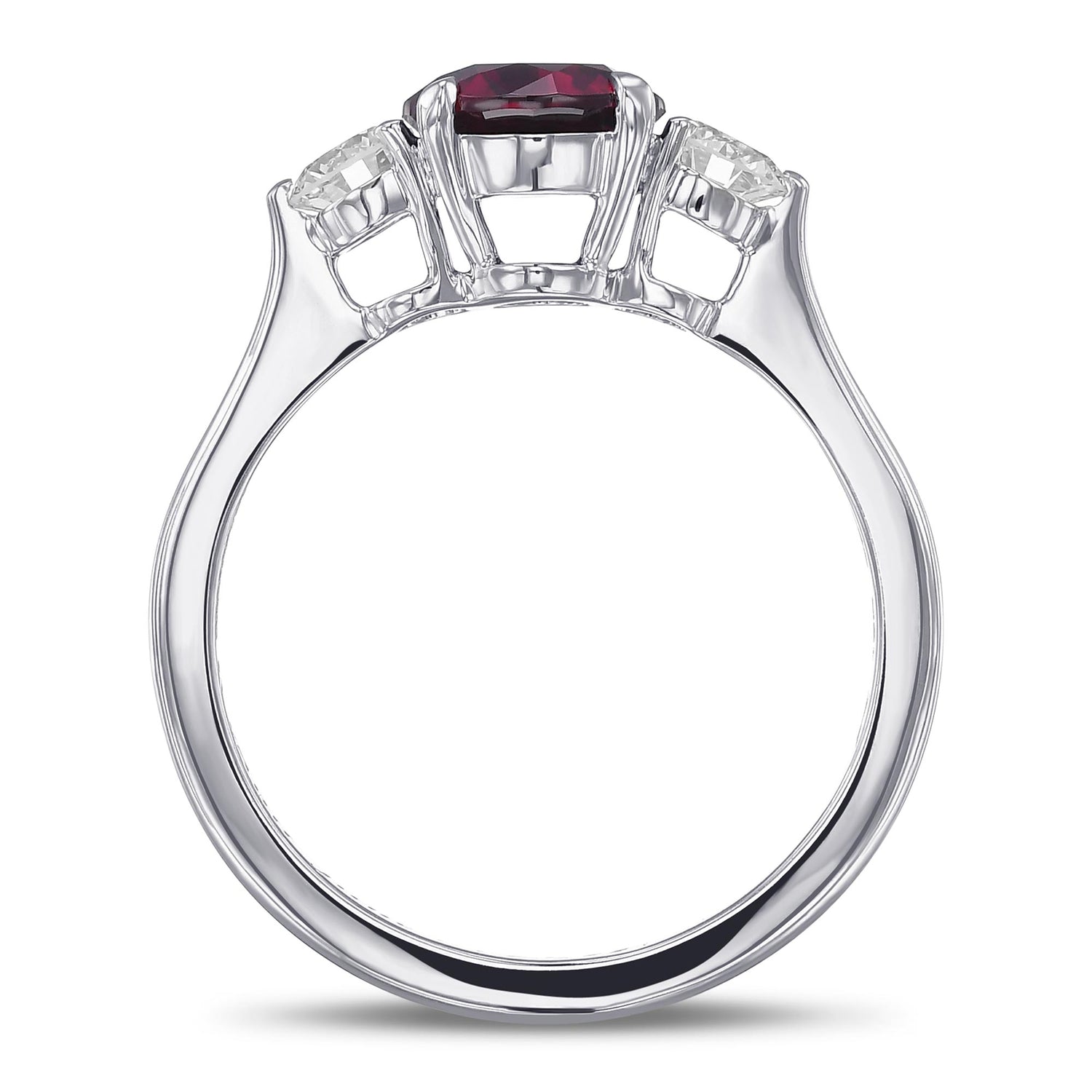 Round Pigeon Blood Ruby and Diamond 3 Stone Ring