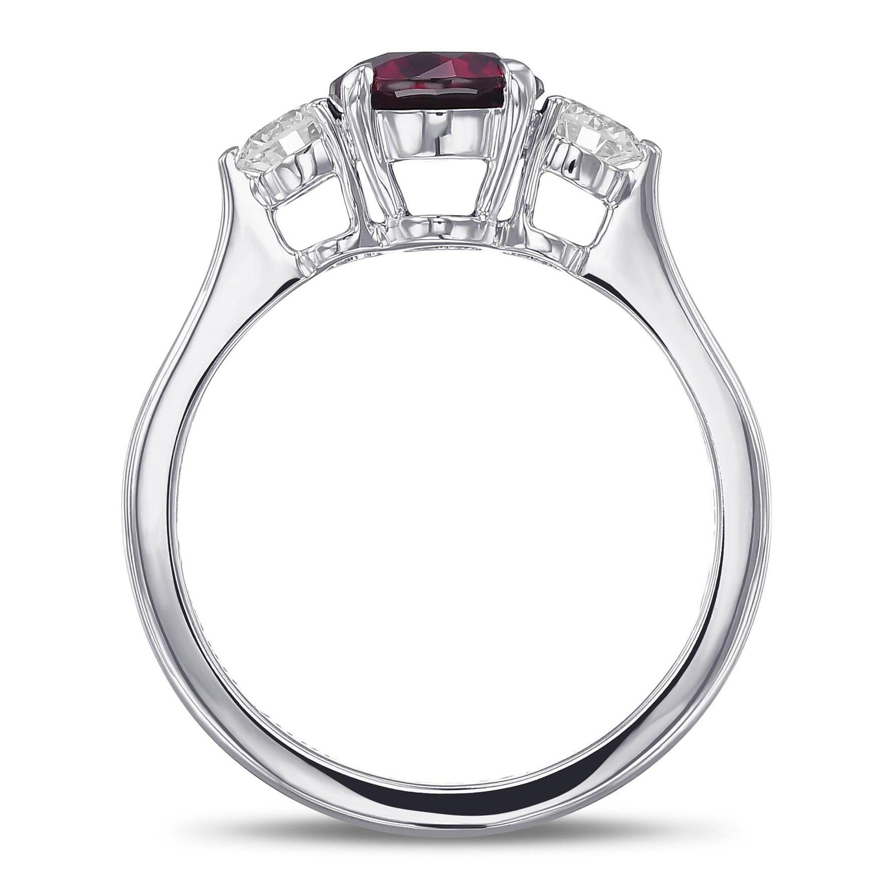 Round Pigeon Blood Ruby and Diamond 3 Stone Ring