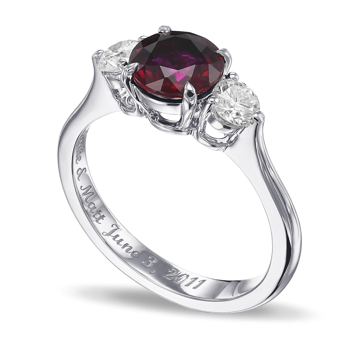 Round Pigeon Blood Ruby and Diamond 3 Stone Ring