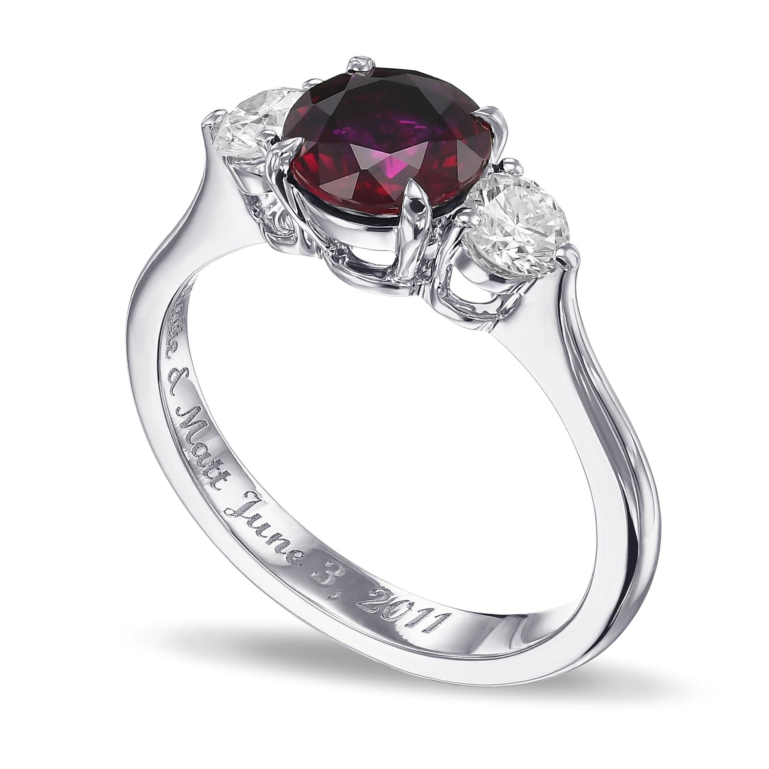 Round Pigeon Blood Ruby and Diamond 3 Stone Ring