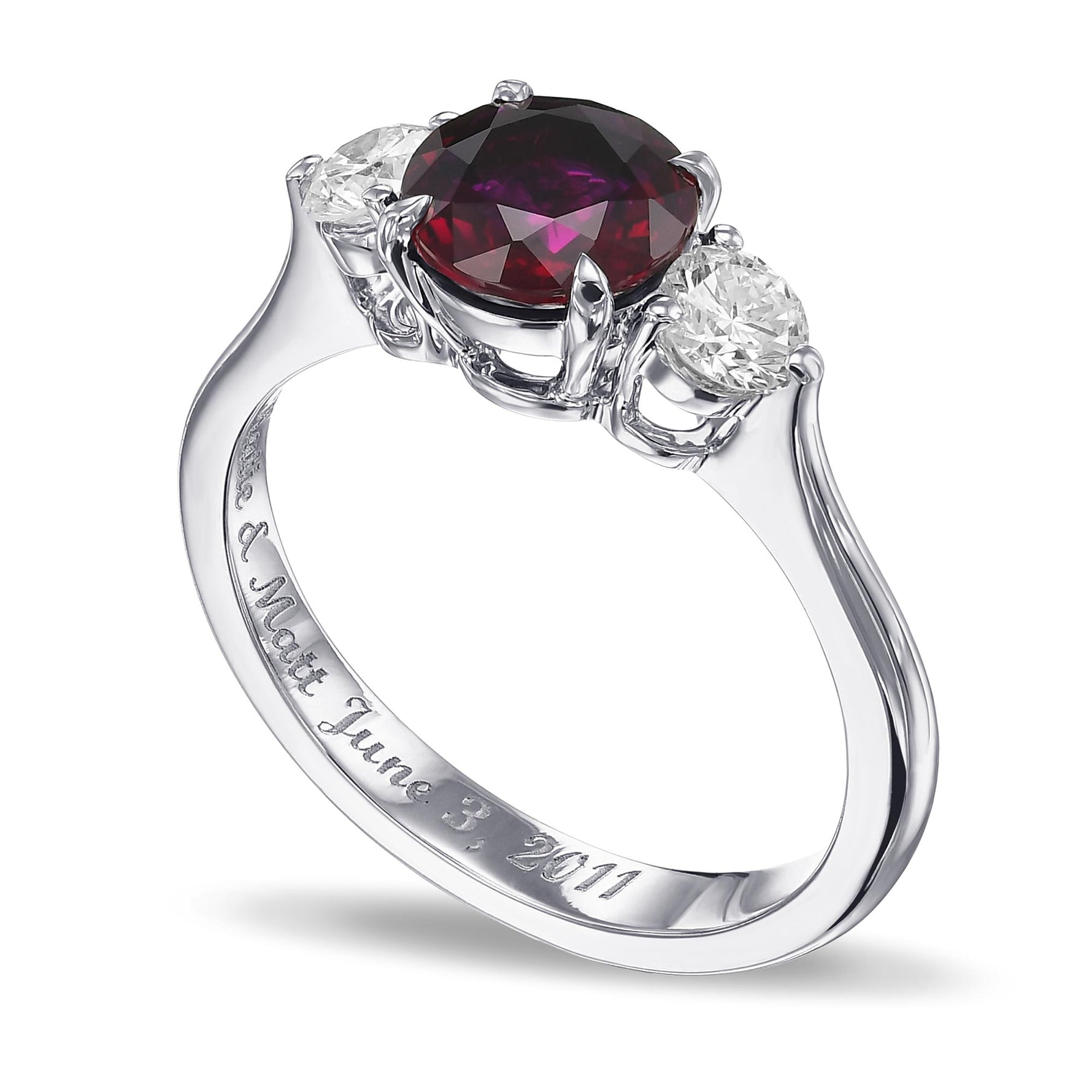 Round Pigeon Blood Ruby and Diamond 3 Stone Ring