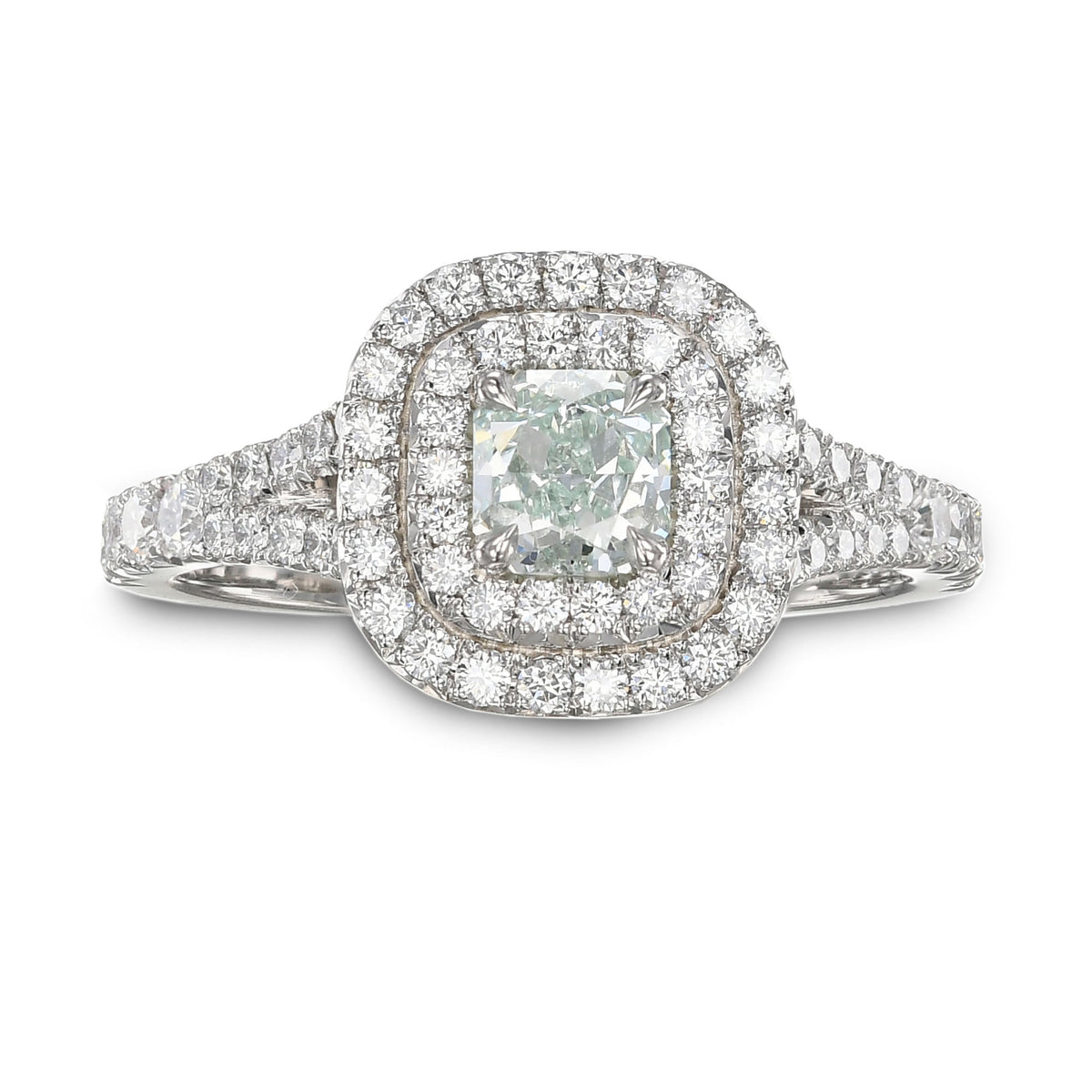 Fancy Bluish Green Radiant Double Halo Diamond Ring
