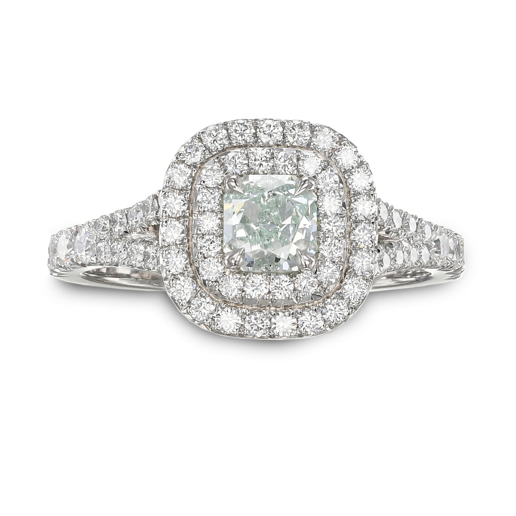 Fancy Bluish Green Radiant Double Halo Diamond Ring