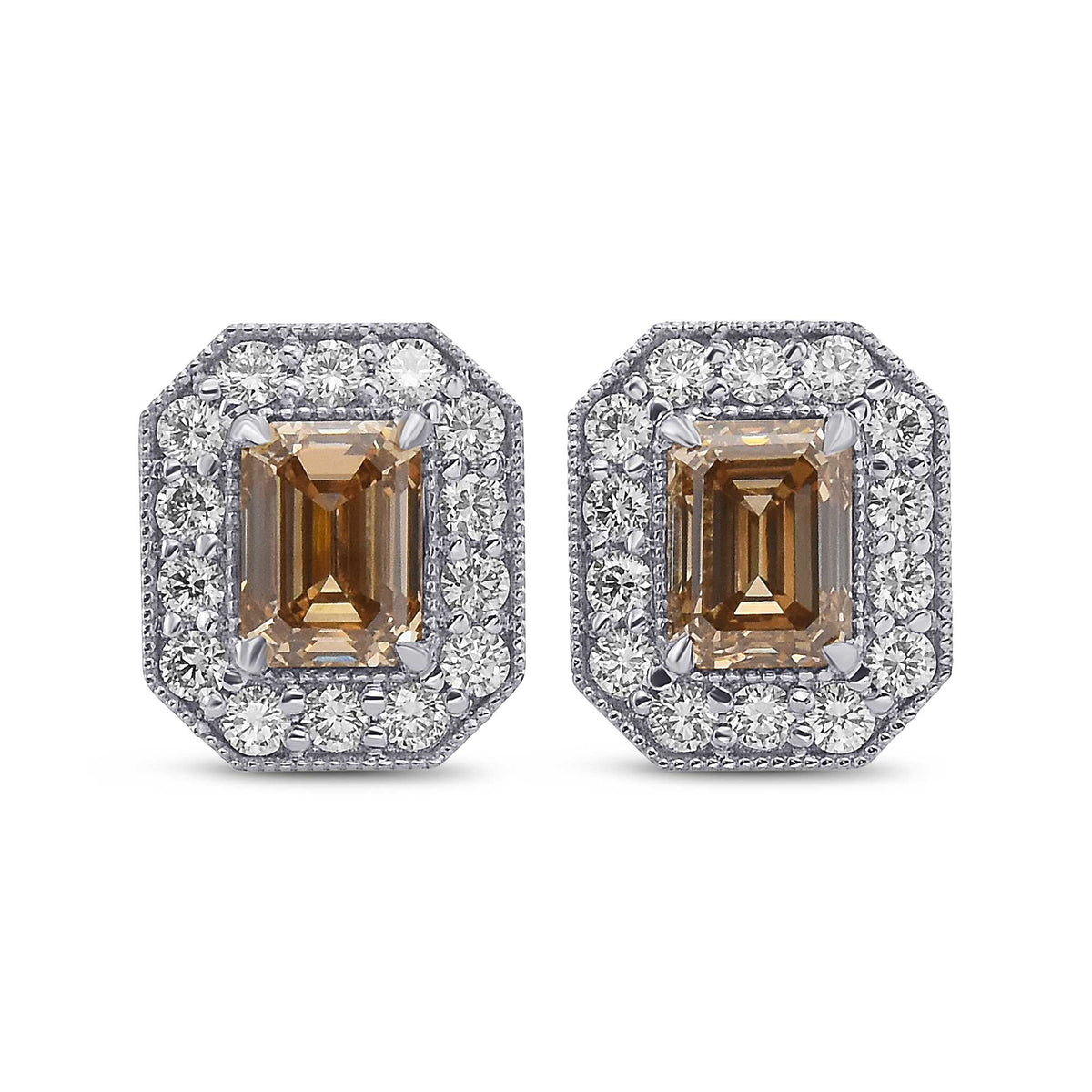 Fancy Yellowish Brown Emerald Halo Diamond Earrings