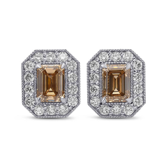 Fancy Yellowish Brown Emerald Halo Diamond Earrings