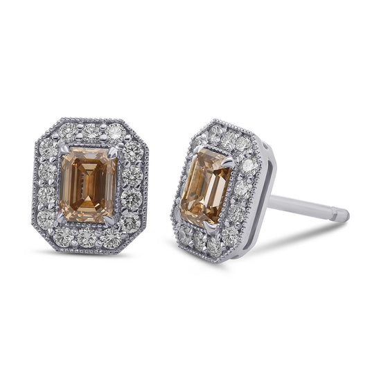 Fancy Yellowish Brown Emerald Halo Diamond Earrings