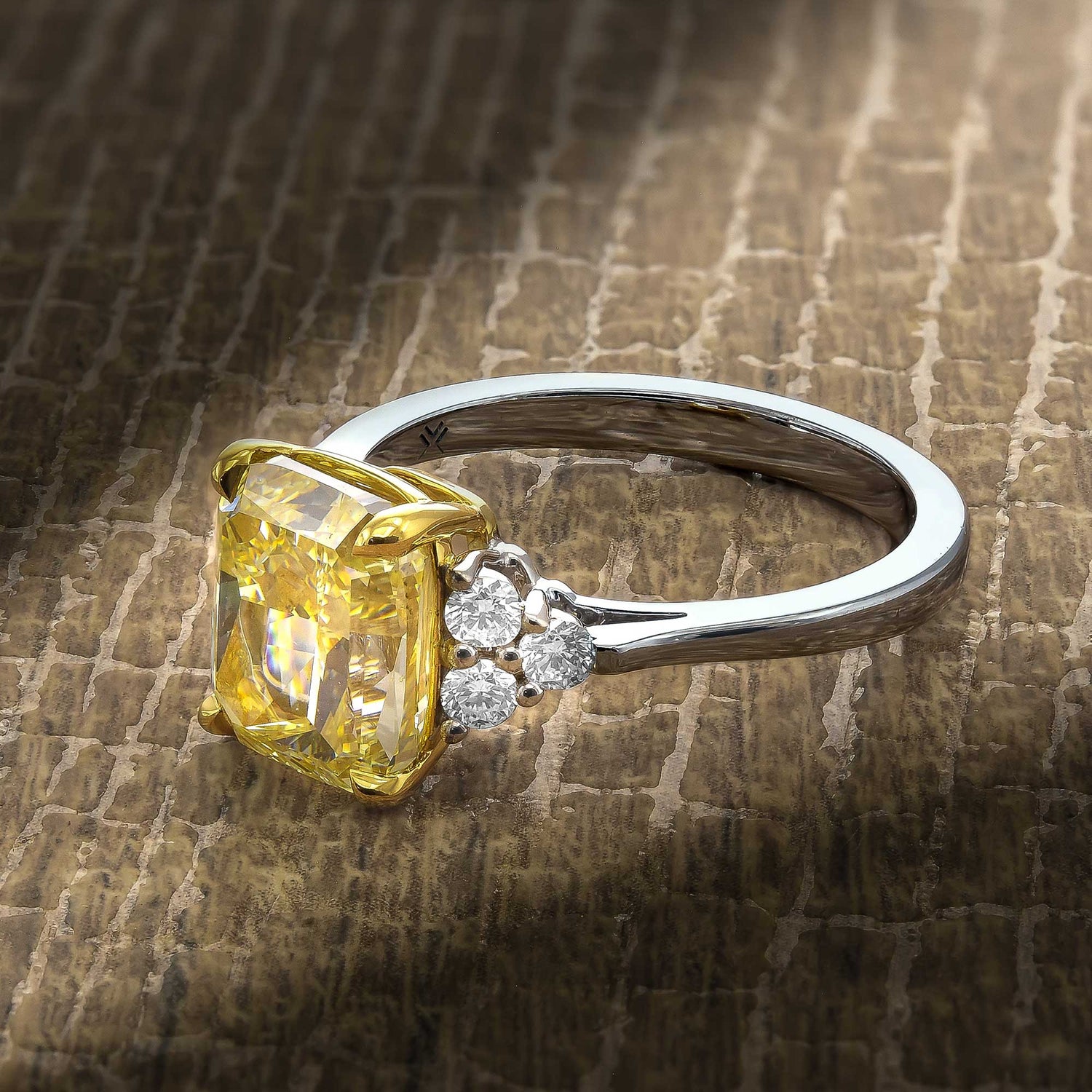 Light Yellow Cushion Side Stone Diamond Ring