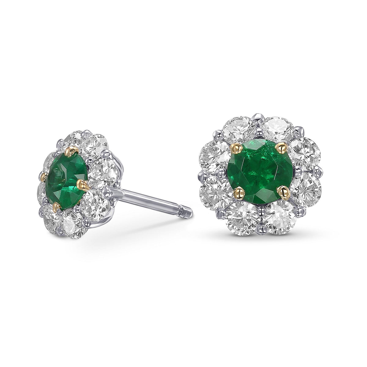 Round Emerald & Diamond Halo Earrings
