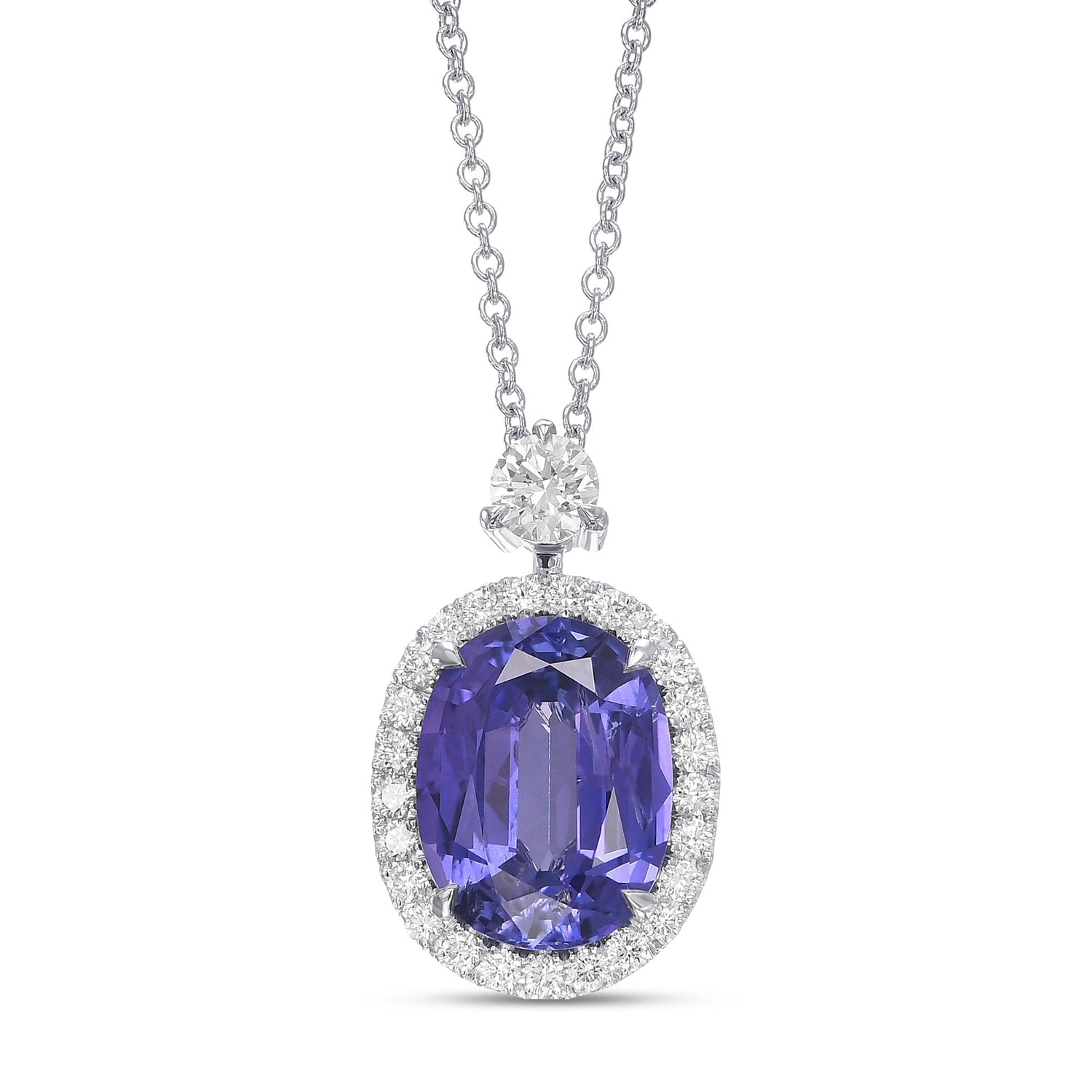 Oval Violetish Blue Sapphire and Diamond Halo Pendant