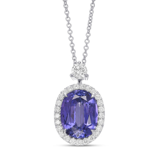 Oval Violetish Blue Sapphire and Diamond Halo Pendant