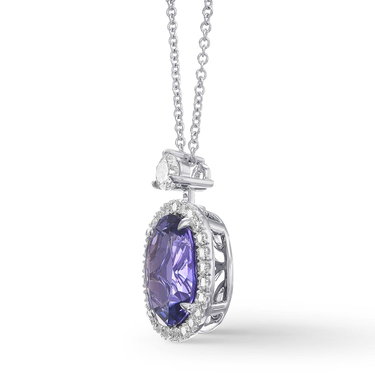 Oval Violetish Blue Sapphire and Diamond Halo Pendant