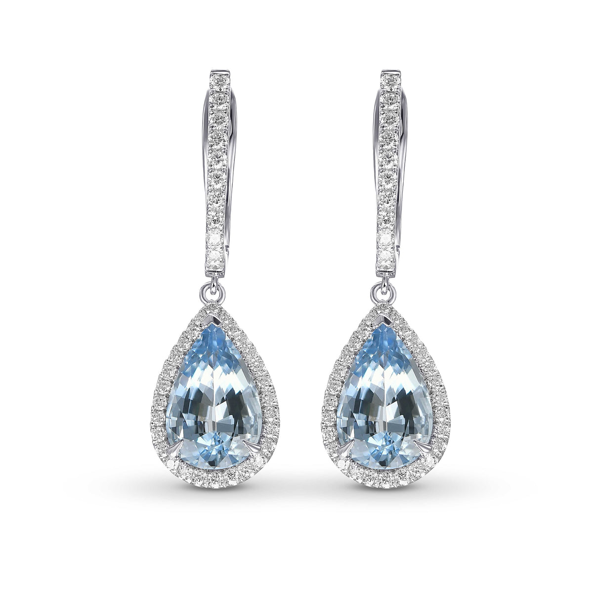 Pear Aquamarine Halo Drop Diamond Earrings 