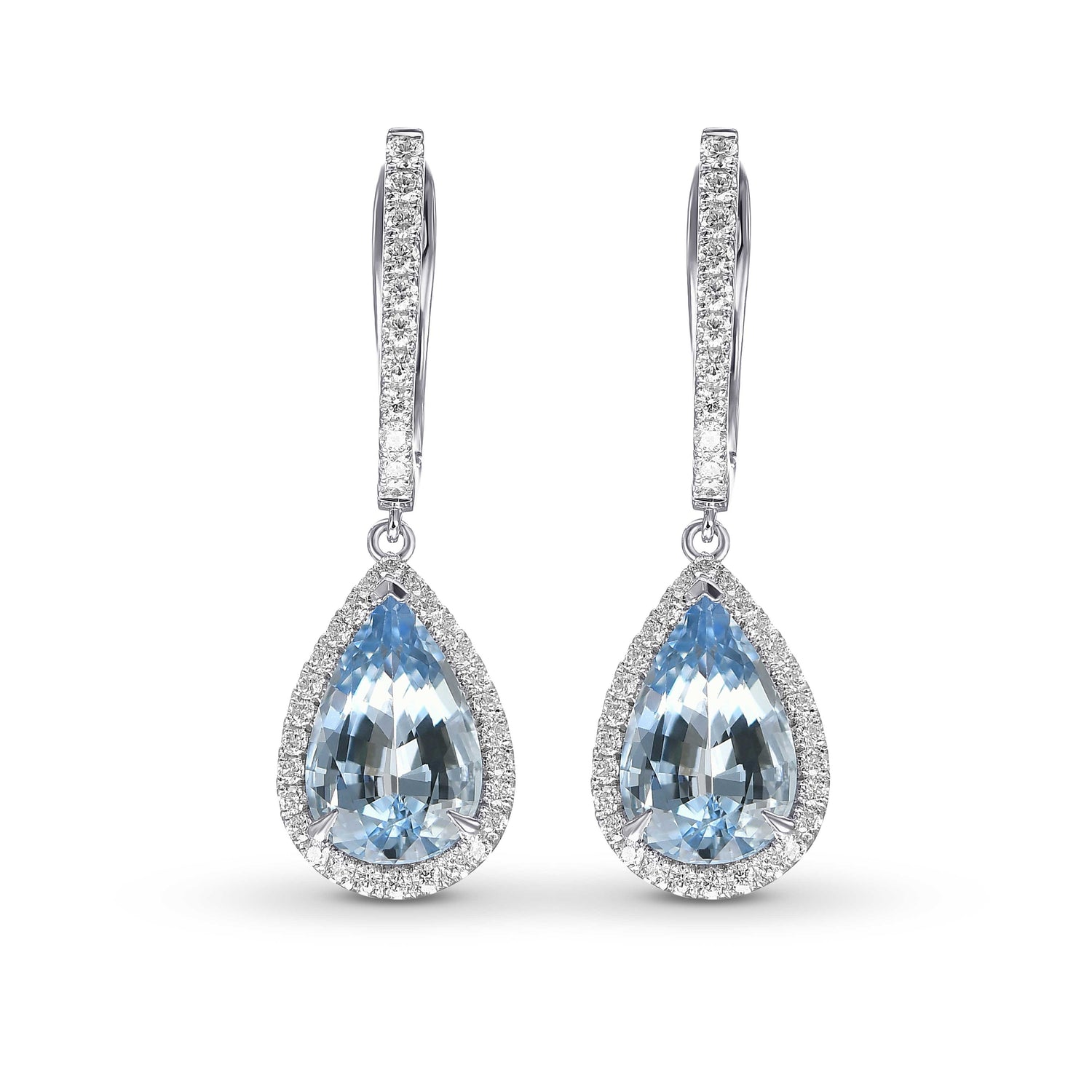 Pear Aquamarine Halo Drop Diamond Earrings 