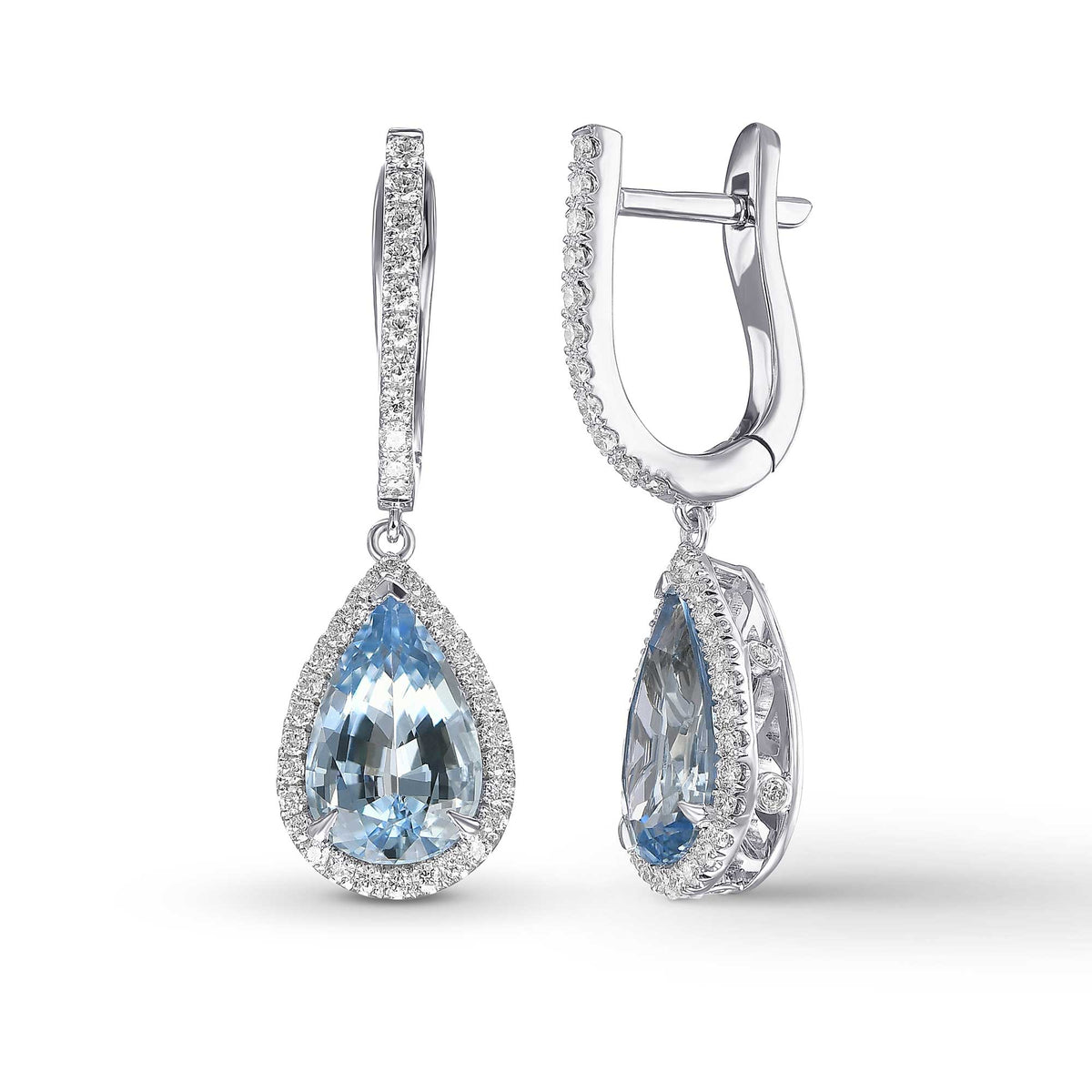 Pear Aquamarine Halo Drop Diamond Earrings 