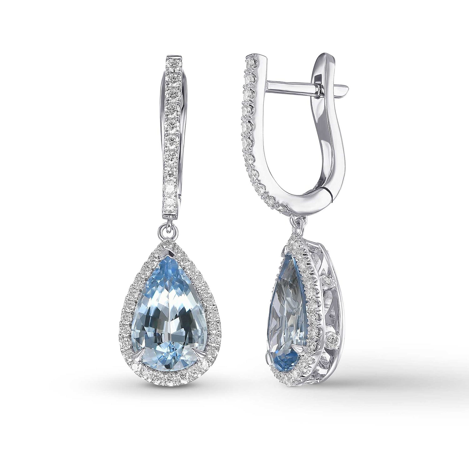 Pear Aquamarine Halo Drop Diamond Earrings 