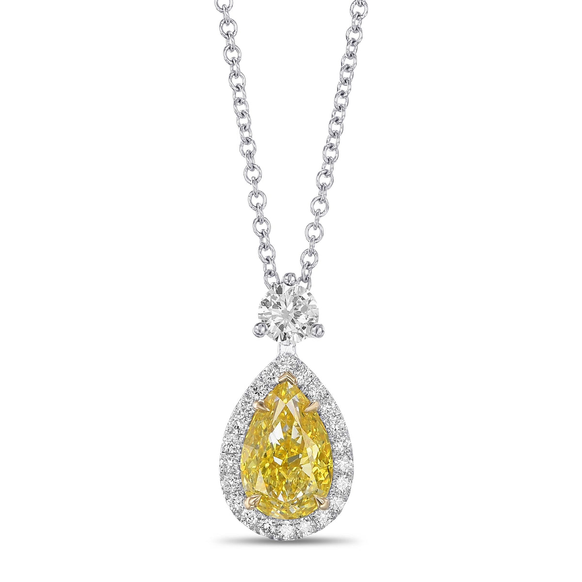 Fancy Vivid Yellow Pear Halo Diamond Pendant 