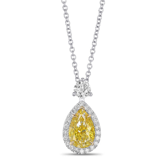 Fancy Vivid Yellow Pear Halo Diamond Pendant 