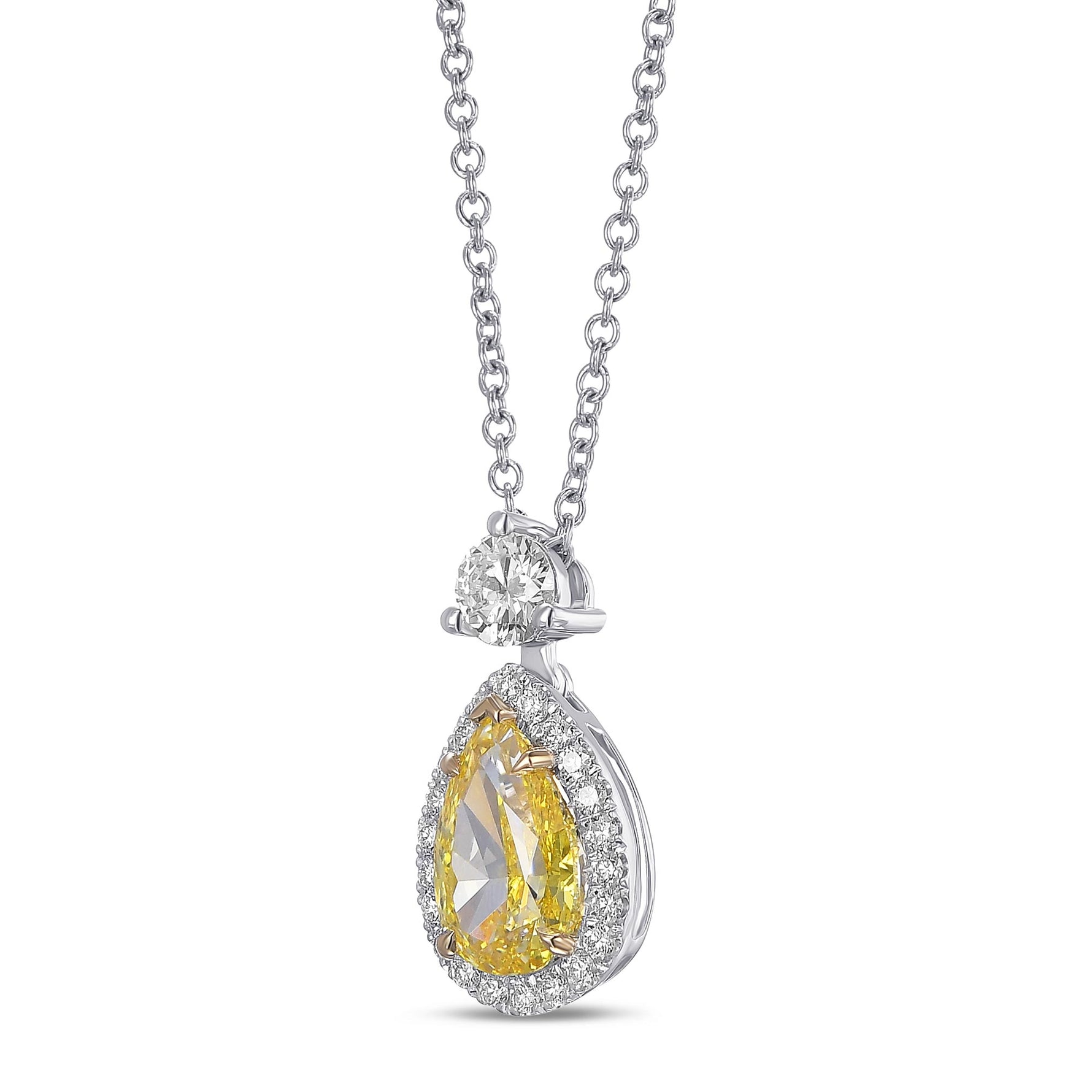 Fancy Vivid Yellow Pear Halo Diamond Pendant 