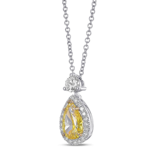 Fancy Vivid Yellow Pear Halo Diamond Pendant 