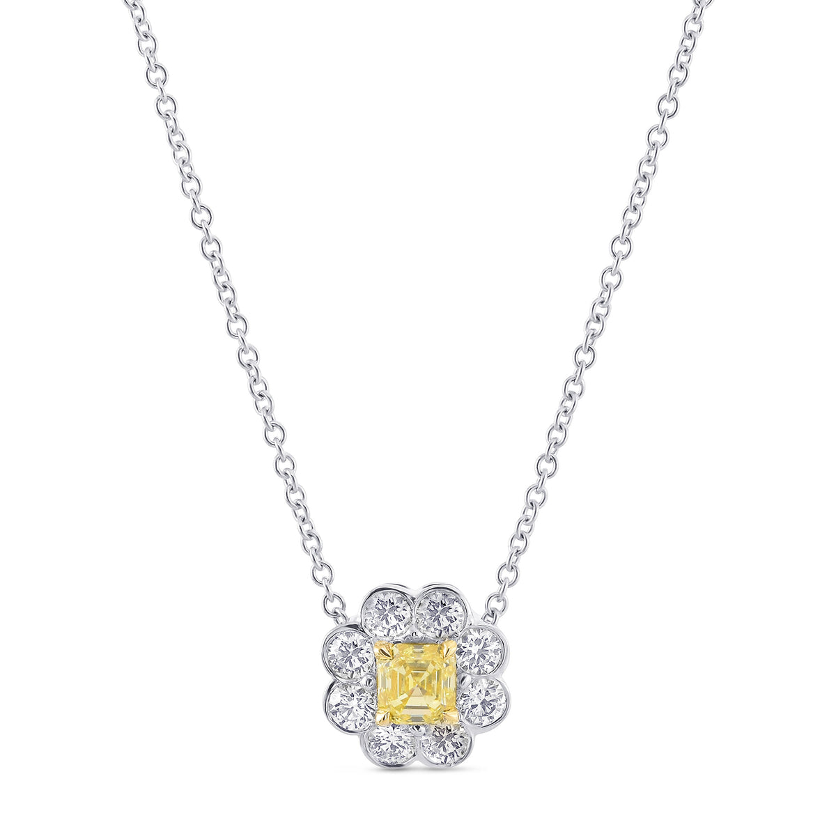  Fancy Intense Yellow Asscher-Cut Halo Diamond Pendant