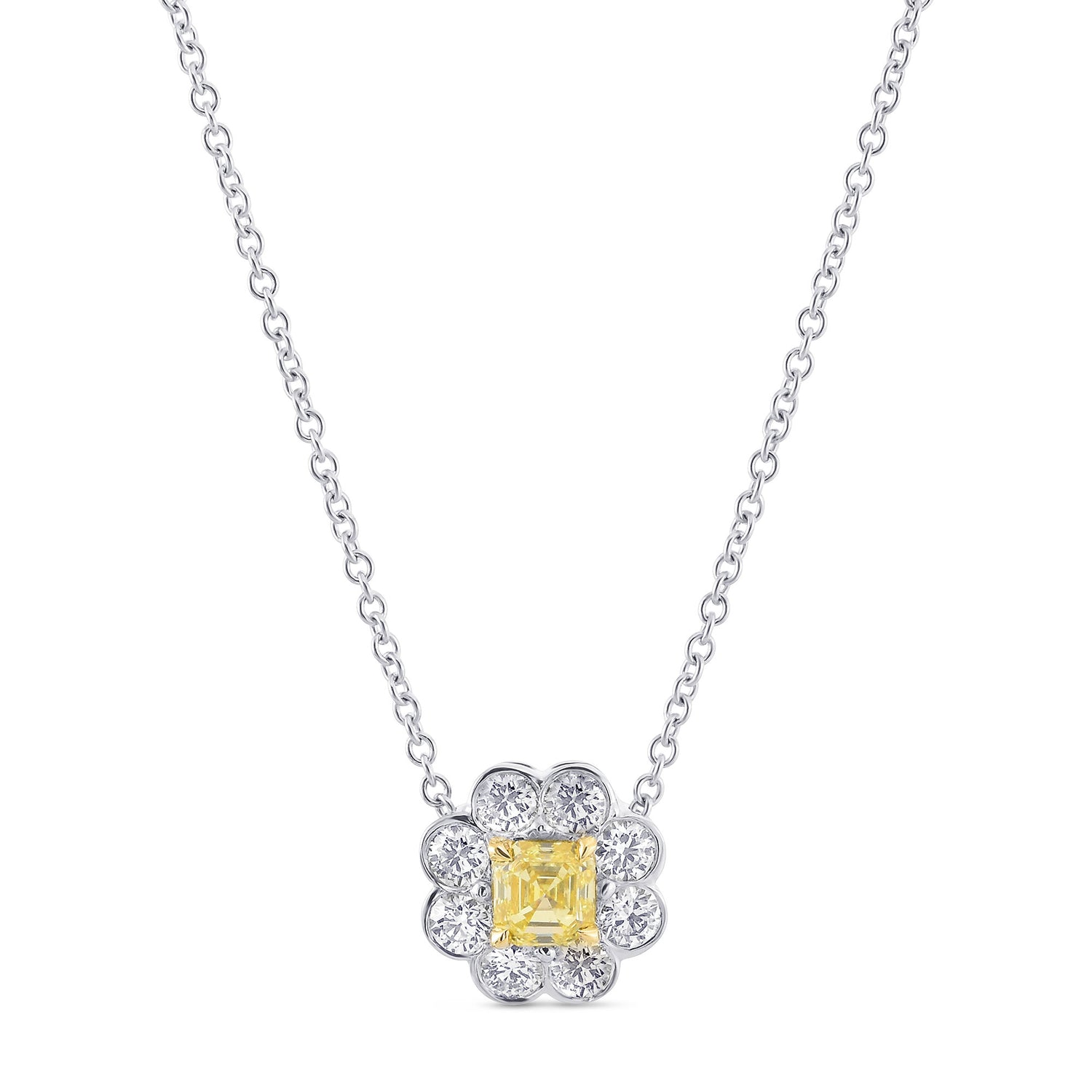  Fancy Intense Yellow Asscher-Cut Halo Diamond Pendant