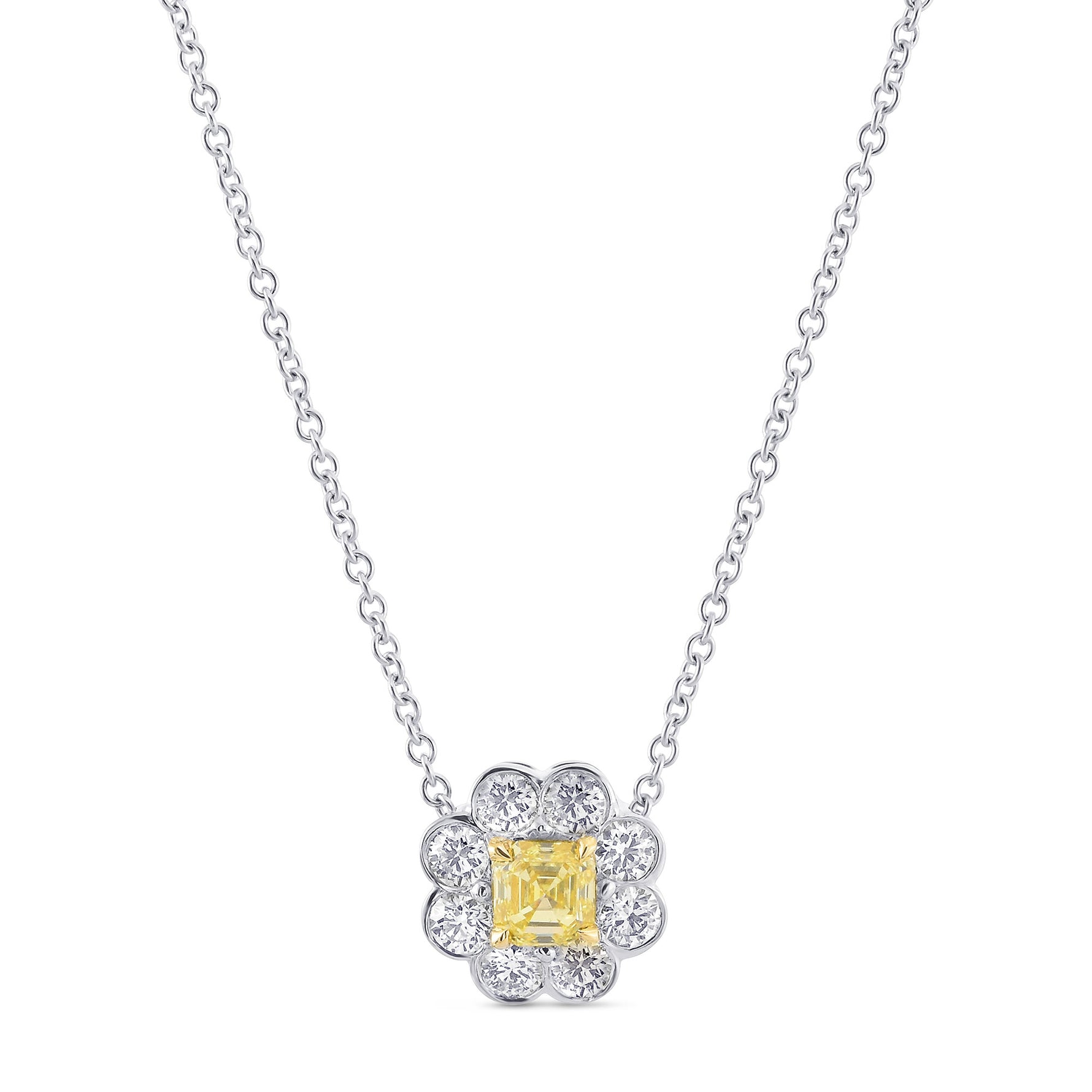  Fancy Intense Yellow Asscher-Cut Halo Diamond Pendant