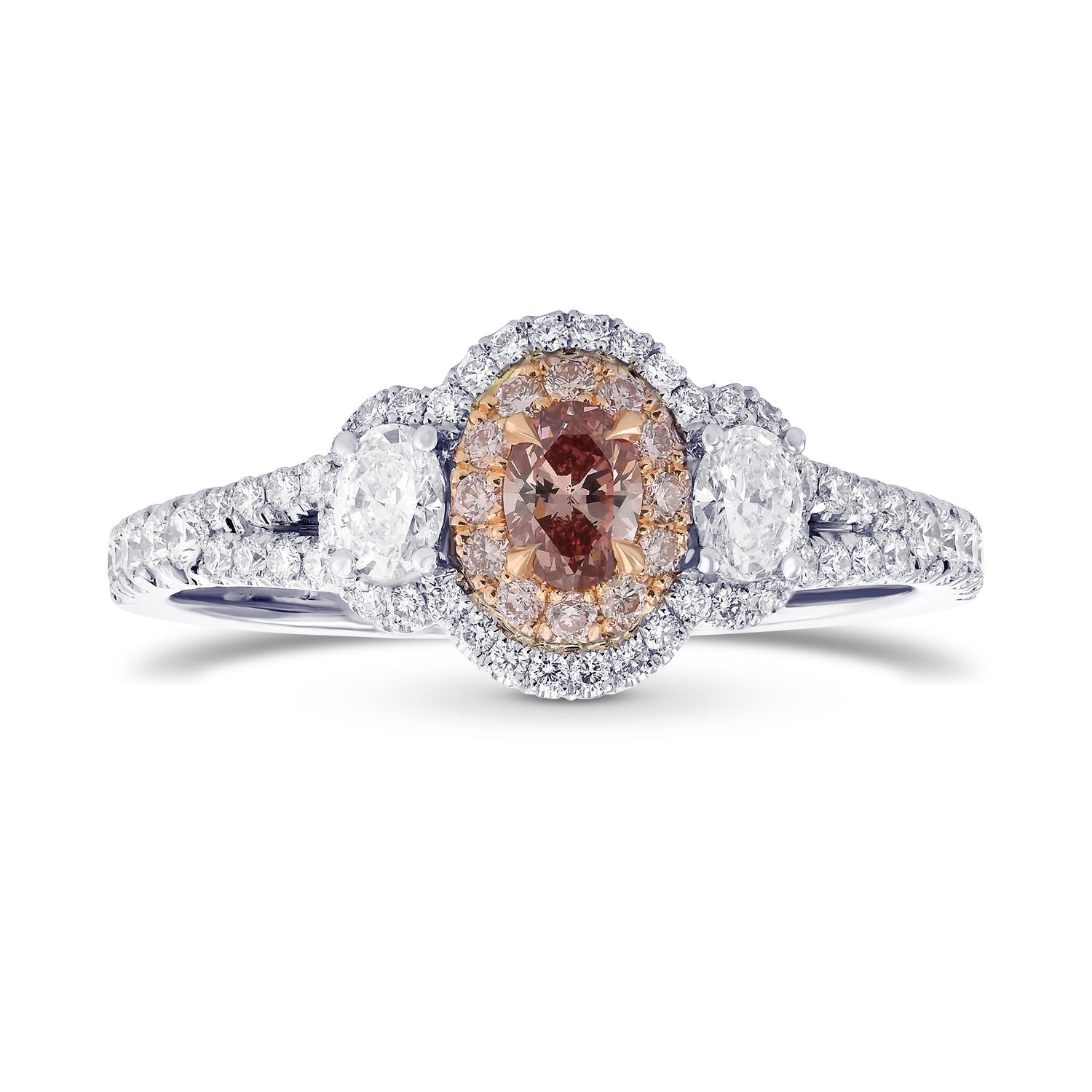 Fancy Intense Pink Diamond Oval 3 Stone Halo Ring