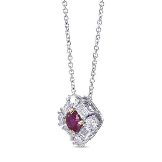 Extraordinary Round Red Ruby and Diamond Halo Pendant
