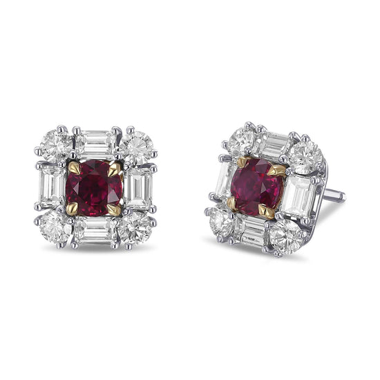 Extraordinary Round Red Ruby and Diamond Halo Stud Earrings