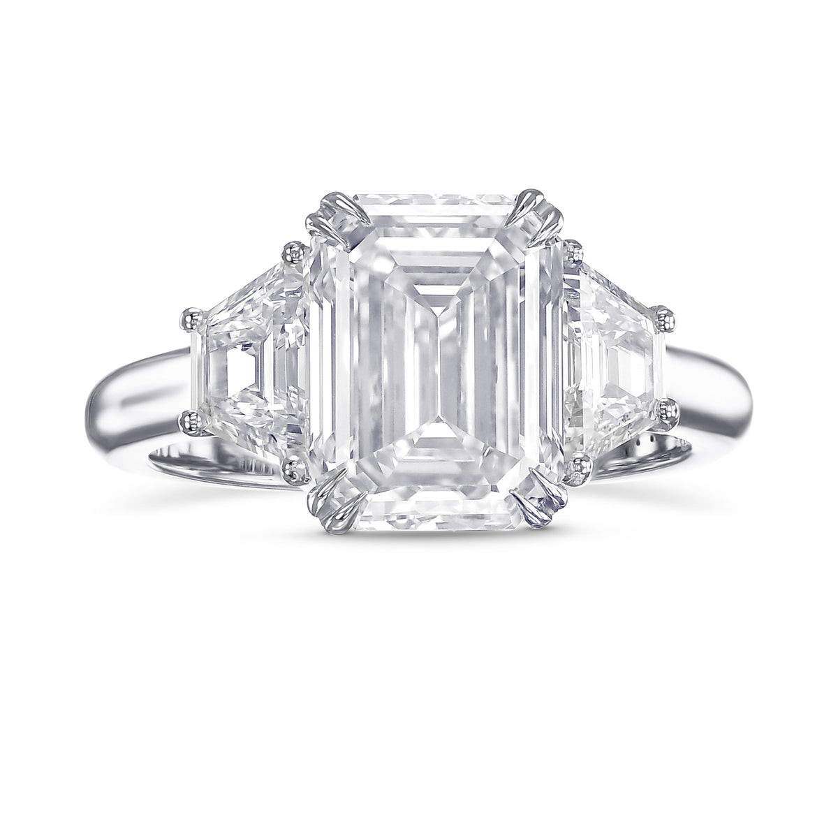 Emerald and Trapezoid 3-stone White Diamond Ring