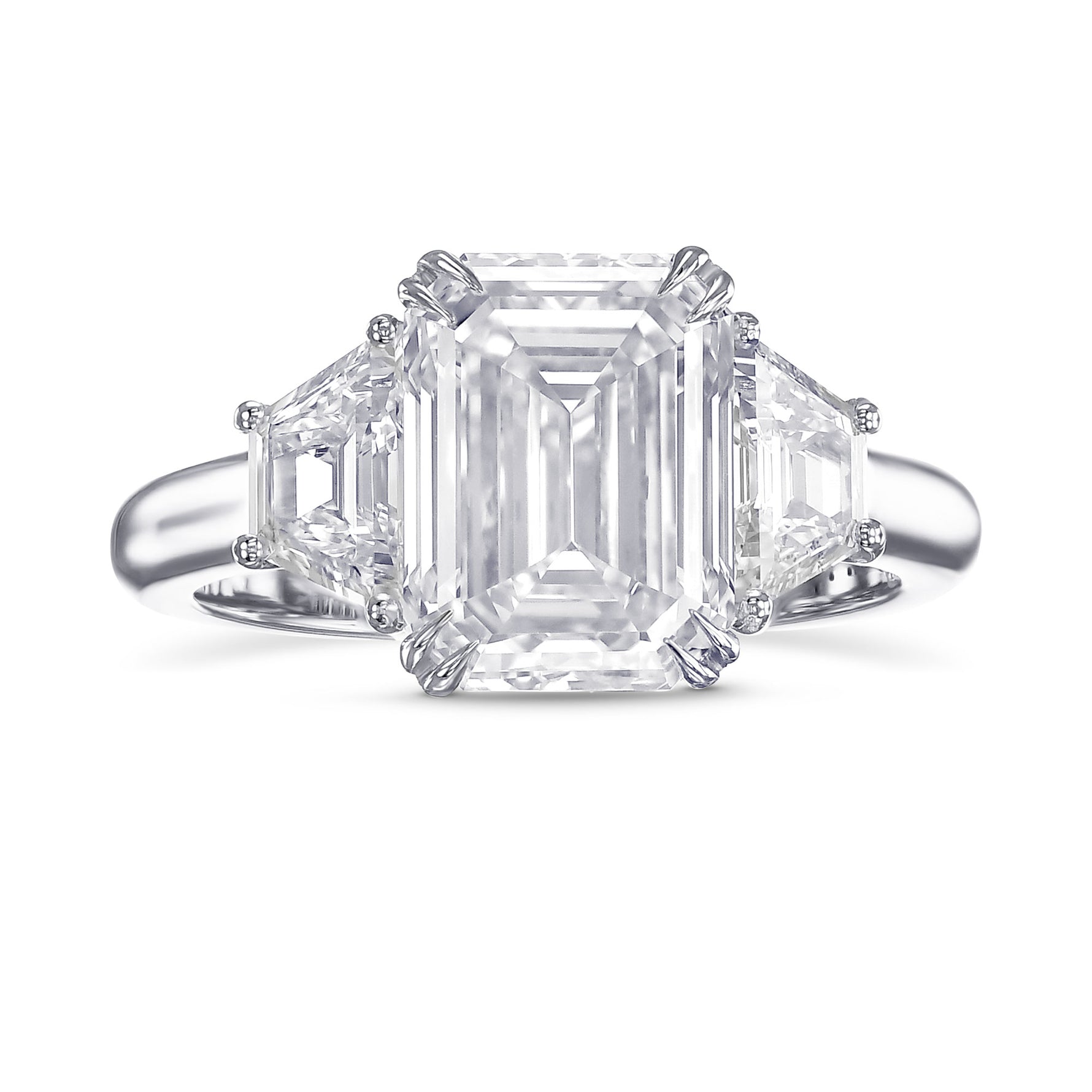 Emerald and Trapezoid 3-stone White Diamond Ring